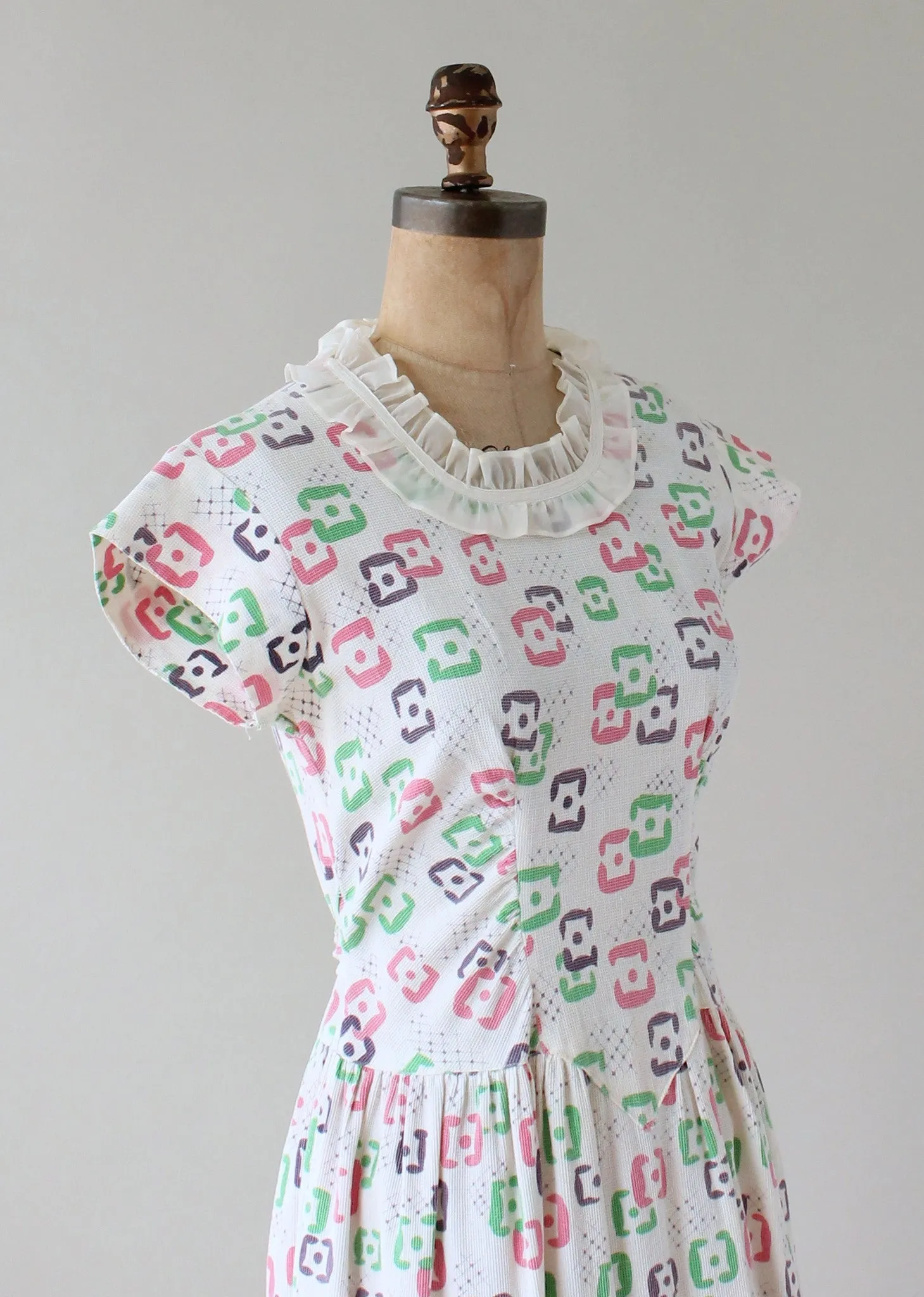 Vintage 1940s Abstract Pastel Print Pique Summer Dress