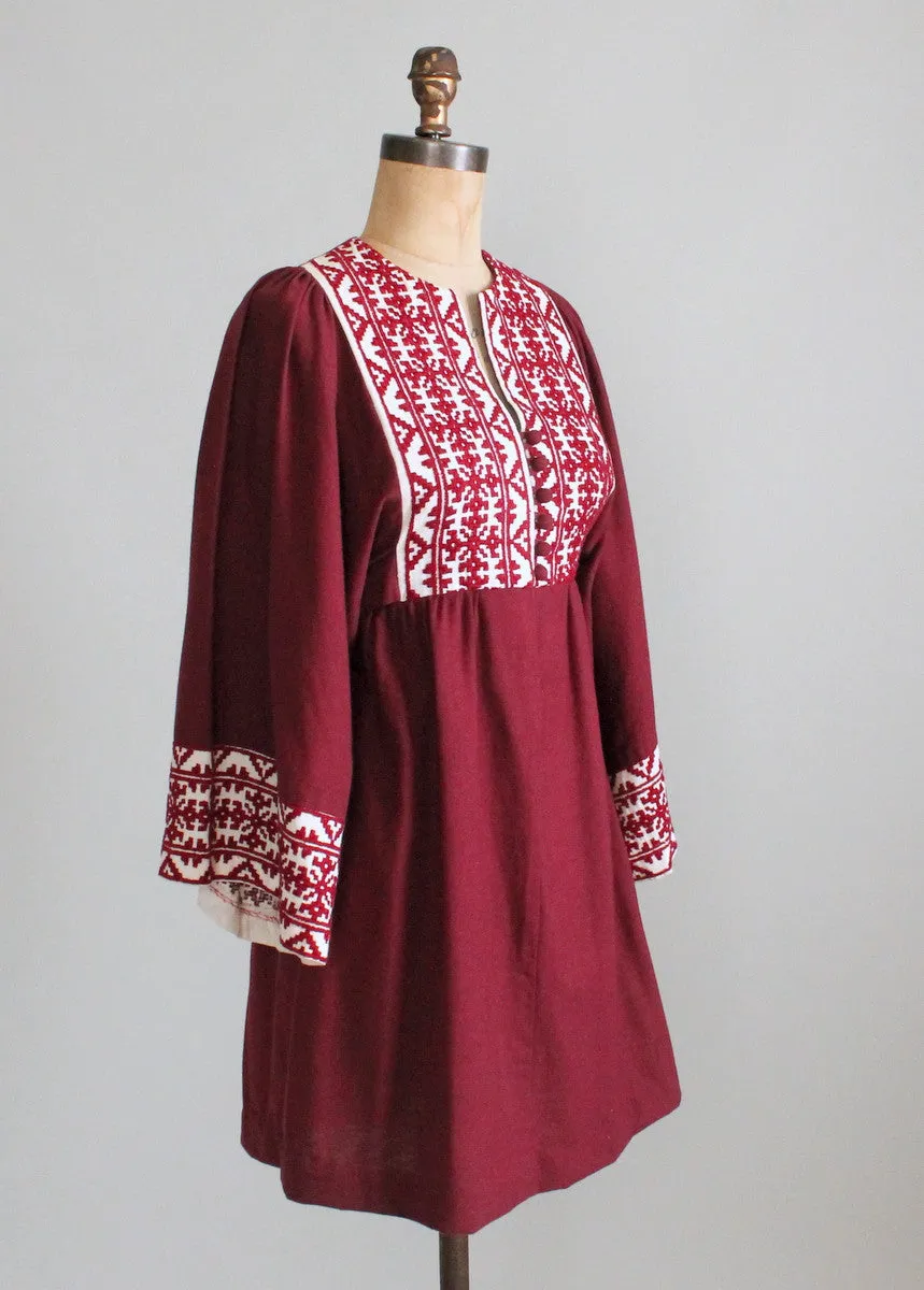 Vintage 1960s Embroidered Burgundy Cotton Hippie Dress