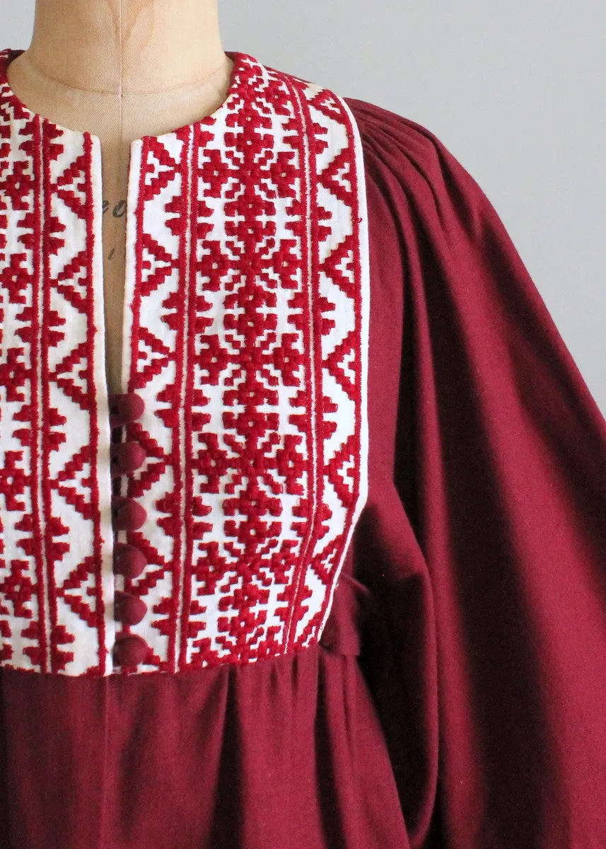 Vintage 1960s Embroidered Burgundy Cotton Hippie Dress