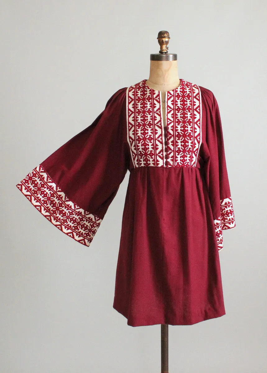 Vintage 1960s Embroidered Burgundy Cotton Hippie Dress