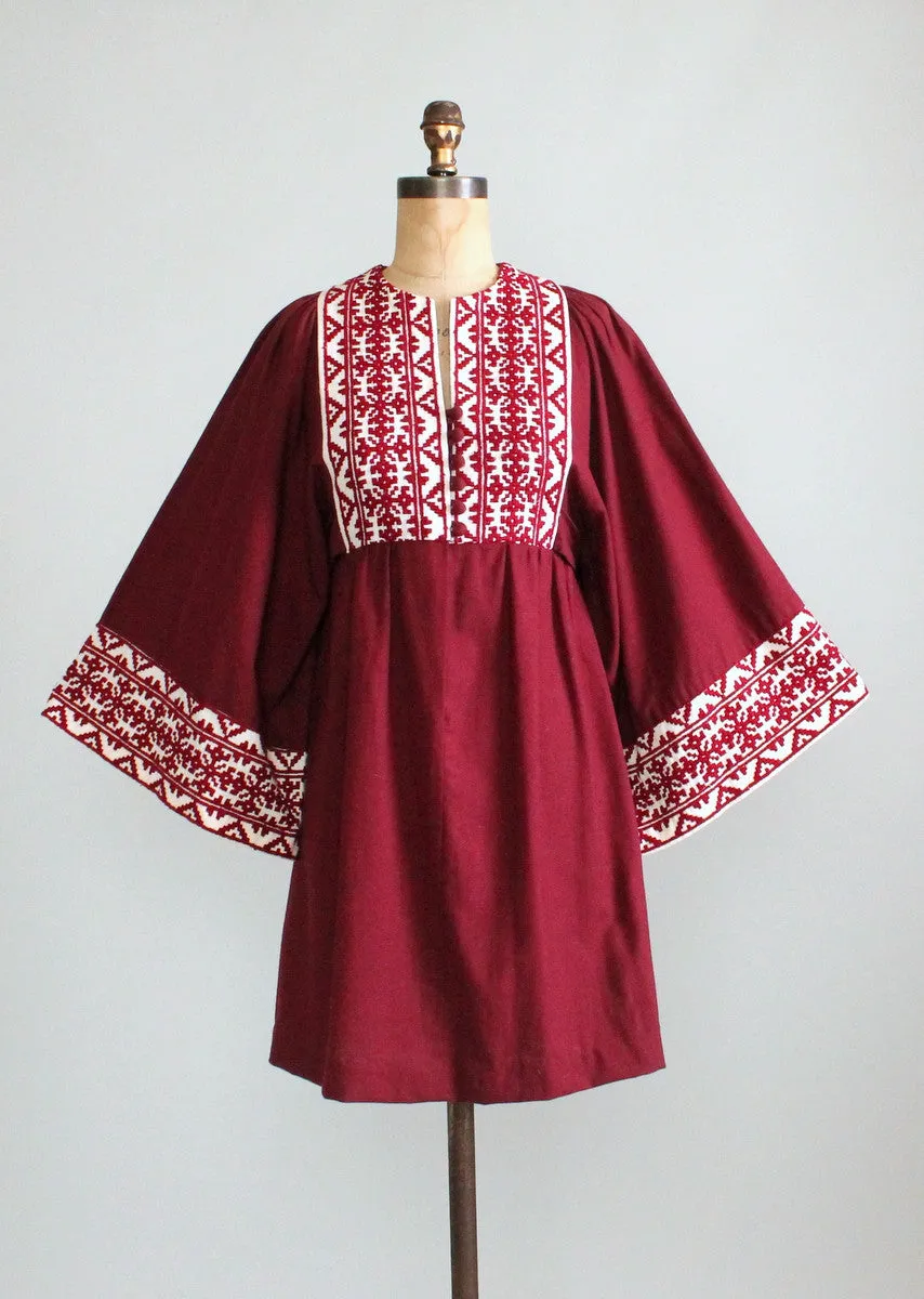 Vintage 1960s Embroidered Burgundy Cotton Hippie Dress