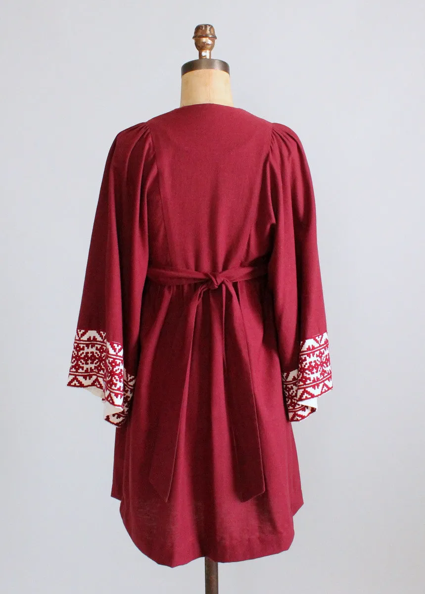 Vintage 1960s Embroidered Burgundy Cotton Hippie Dress