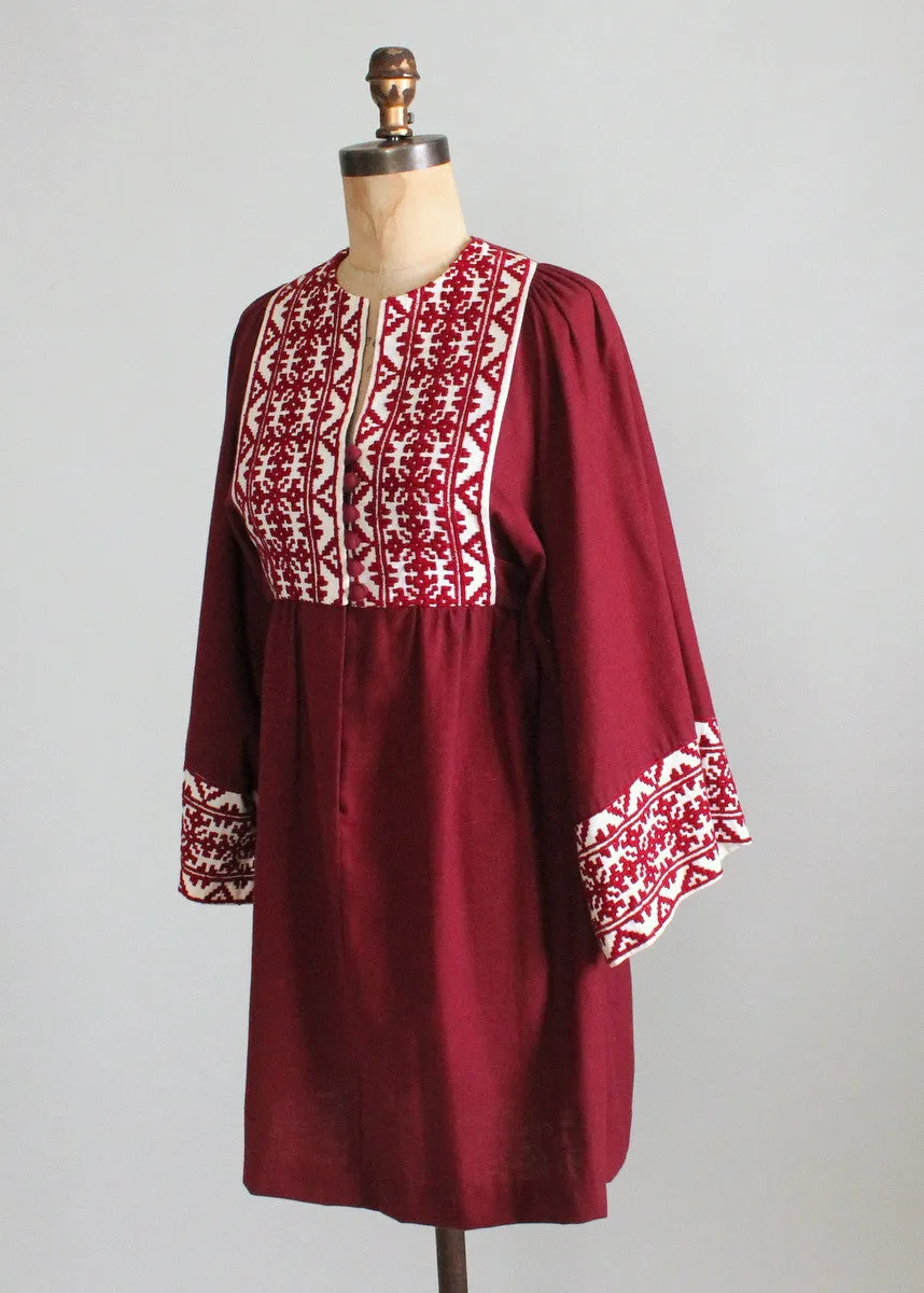 Vintage 1960s Embroidered Burgundy Cotton Hippie Dress