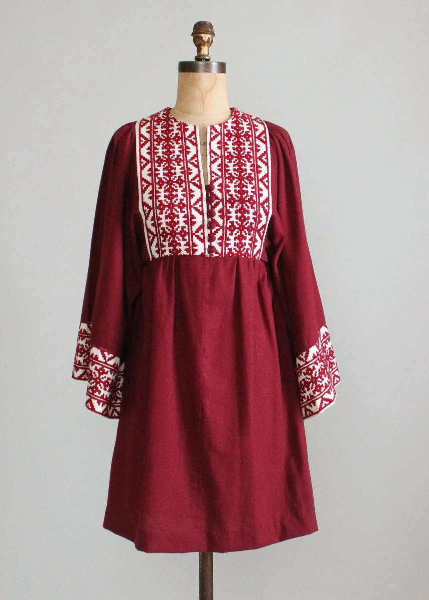 Vintage 1960s Embroidered Burgundy Cotton Hippie Dress