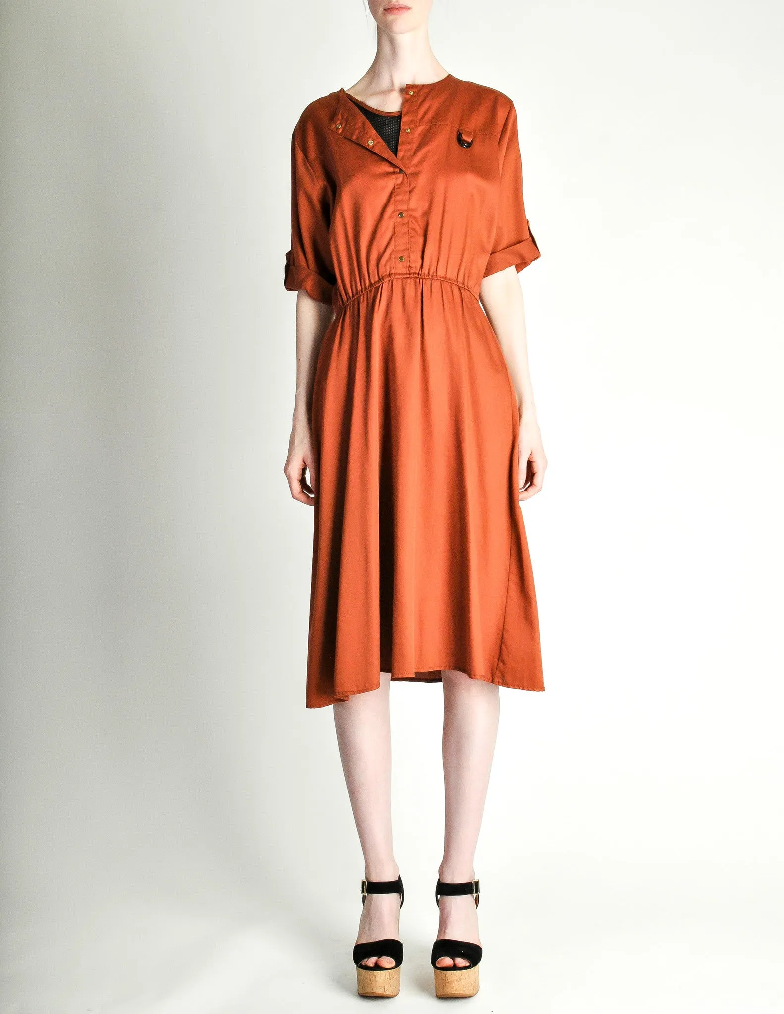 Vintage 1970s Rust Orange Black Mesh Shirt Dress