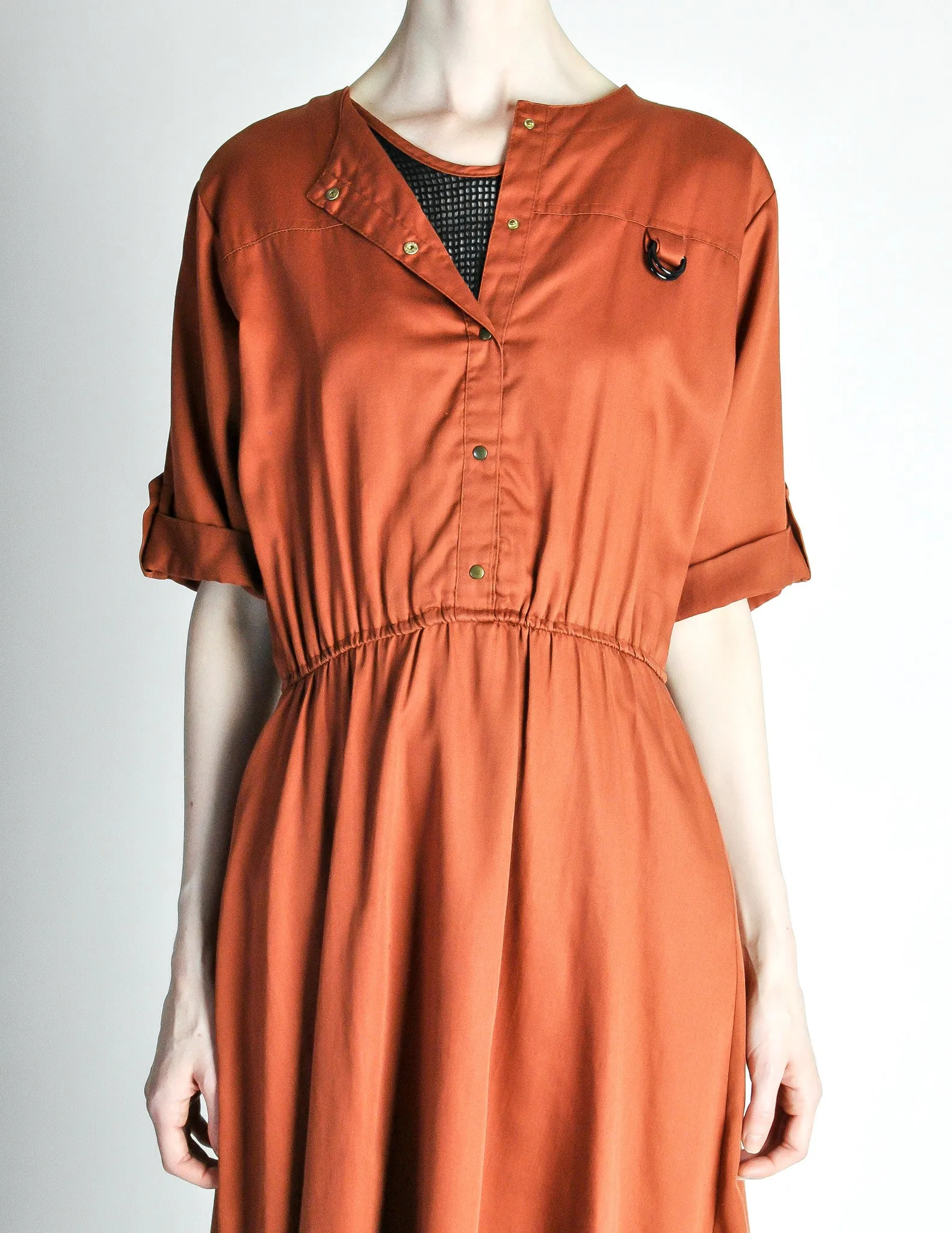 Vintage 1970s Rust Orange Black Mesh Shirt Dress