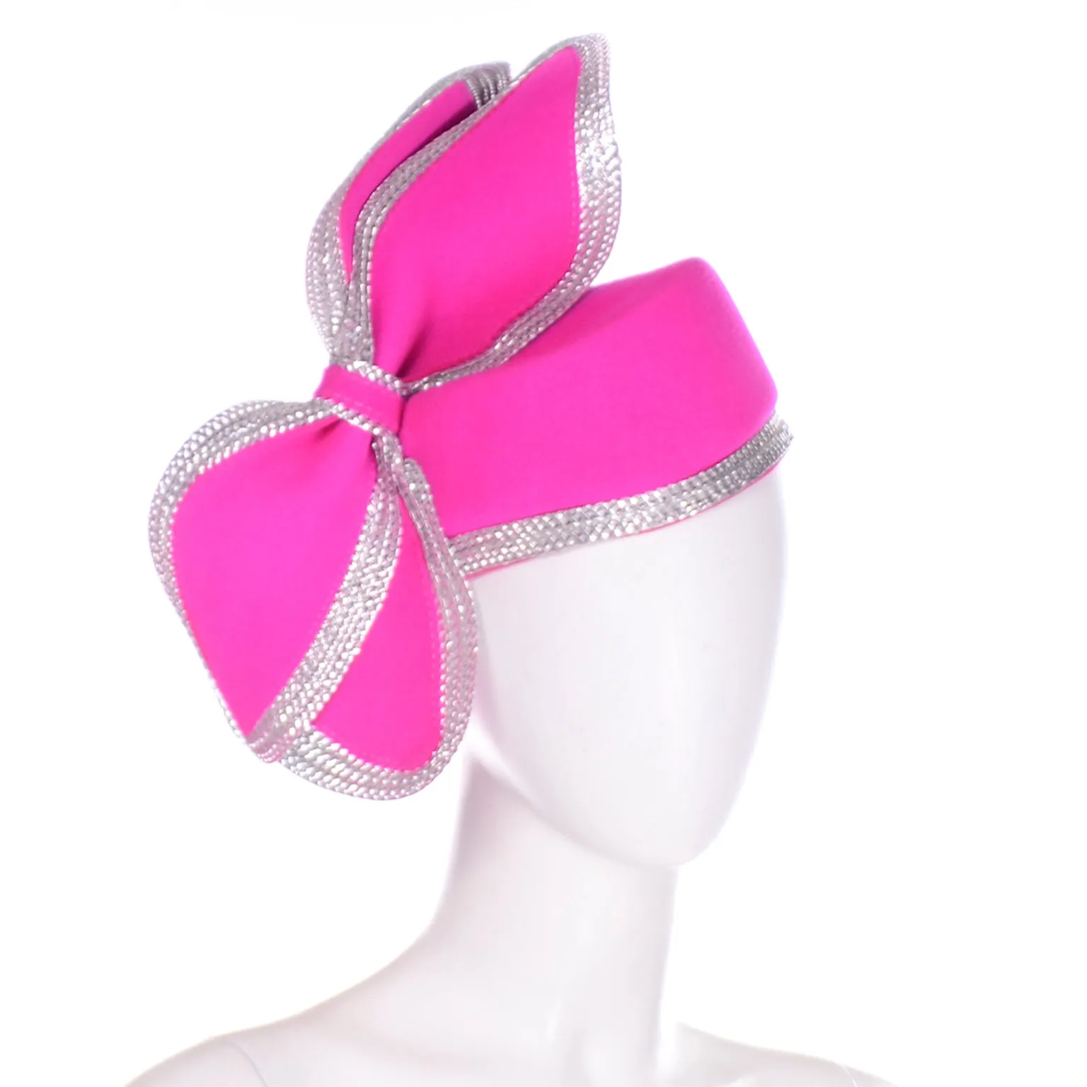 Vintage Adolfo II Vintage Hot Pink Structured Bow Wool Hat With Silver Trim