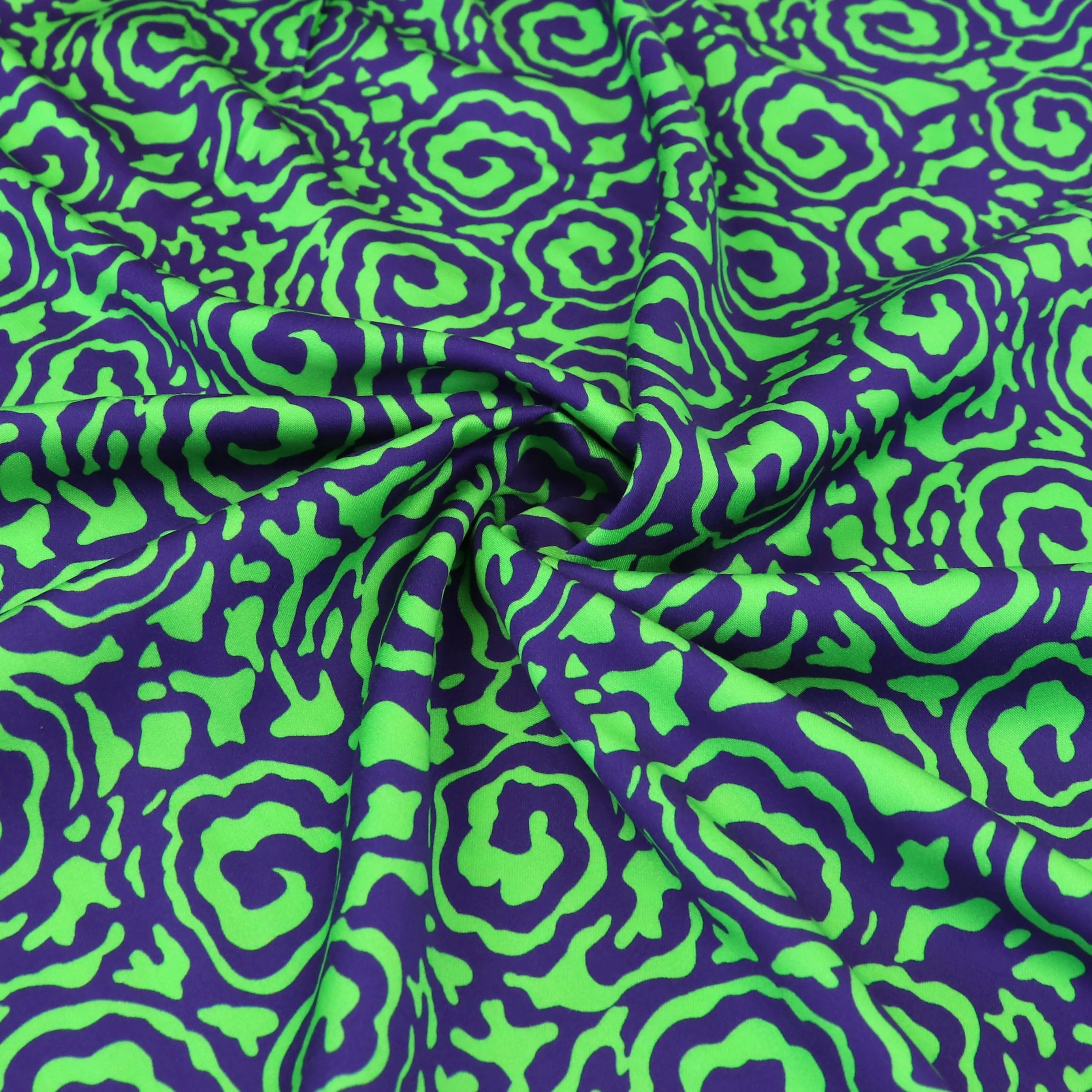 Viscose Satin - Flower Swirls - Green   Purple - SECONDS