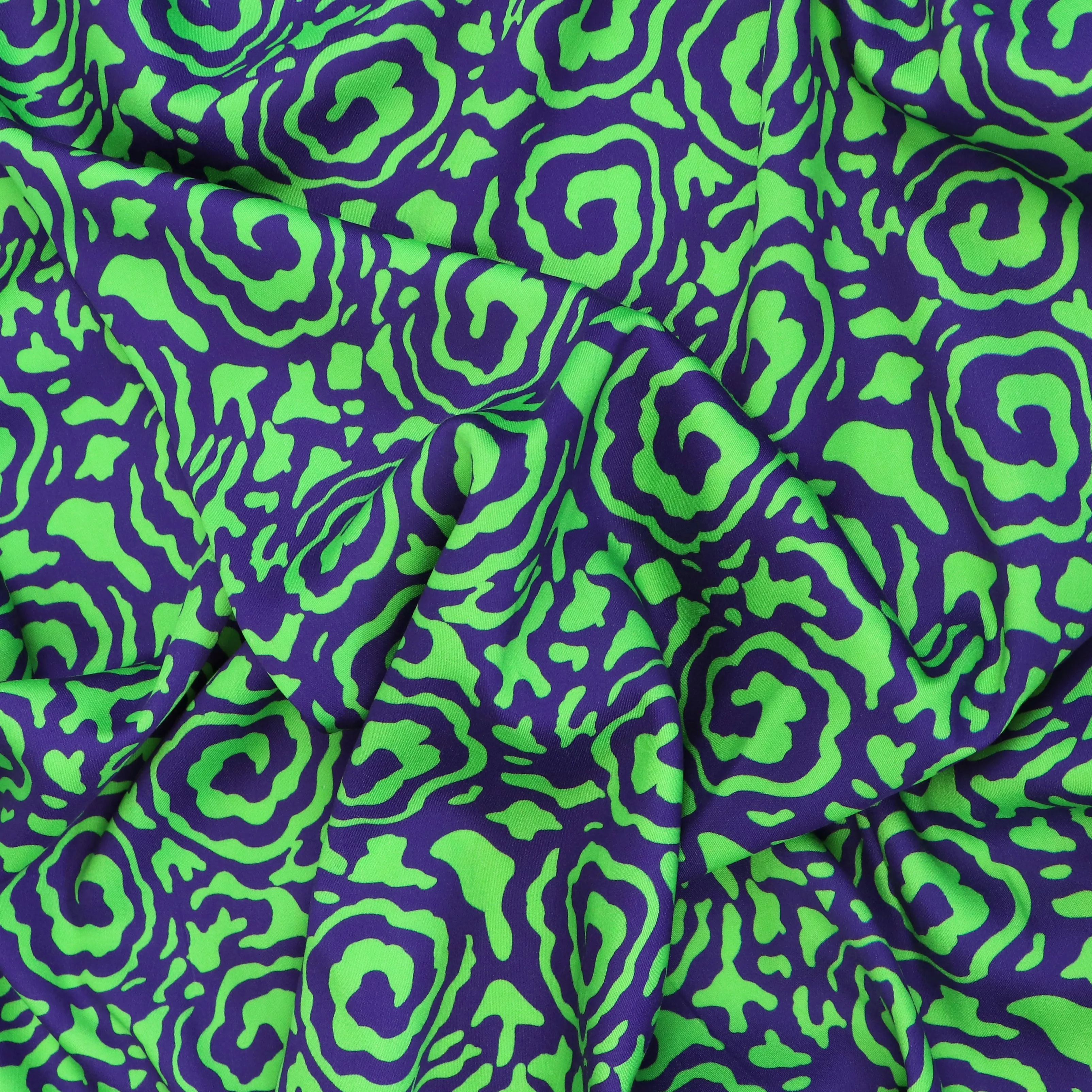 Viscose Satin - Flower Swirls - Green   Purple - SECONDS