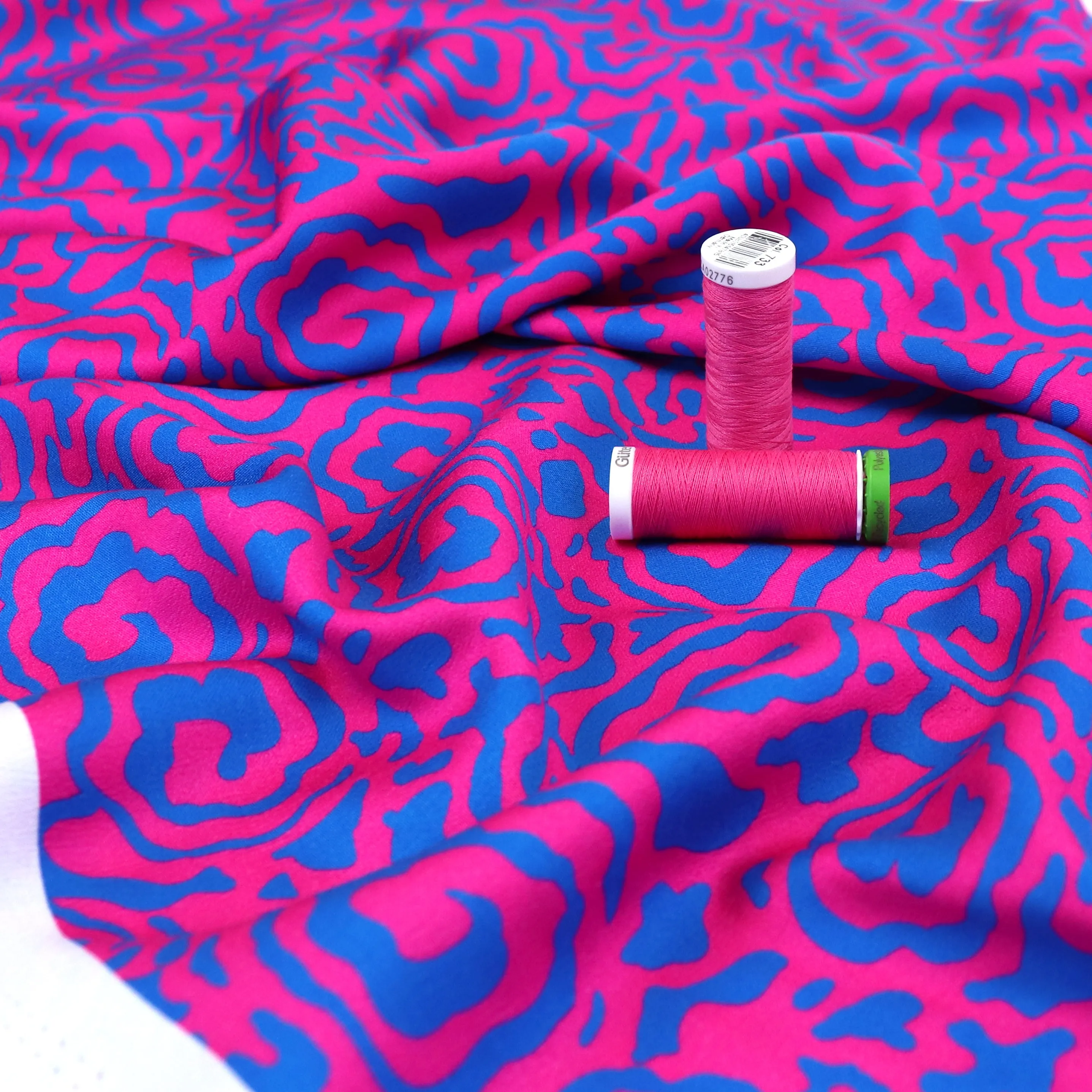 Viscose Satin - Flower Swirls - Pink   Blue - SECONDS