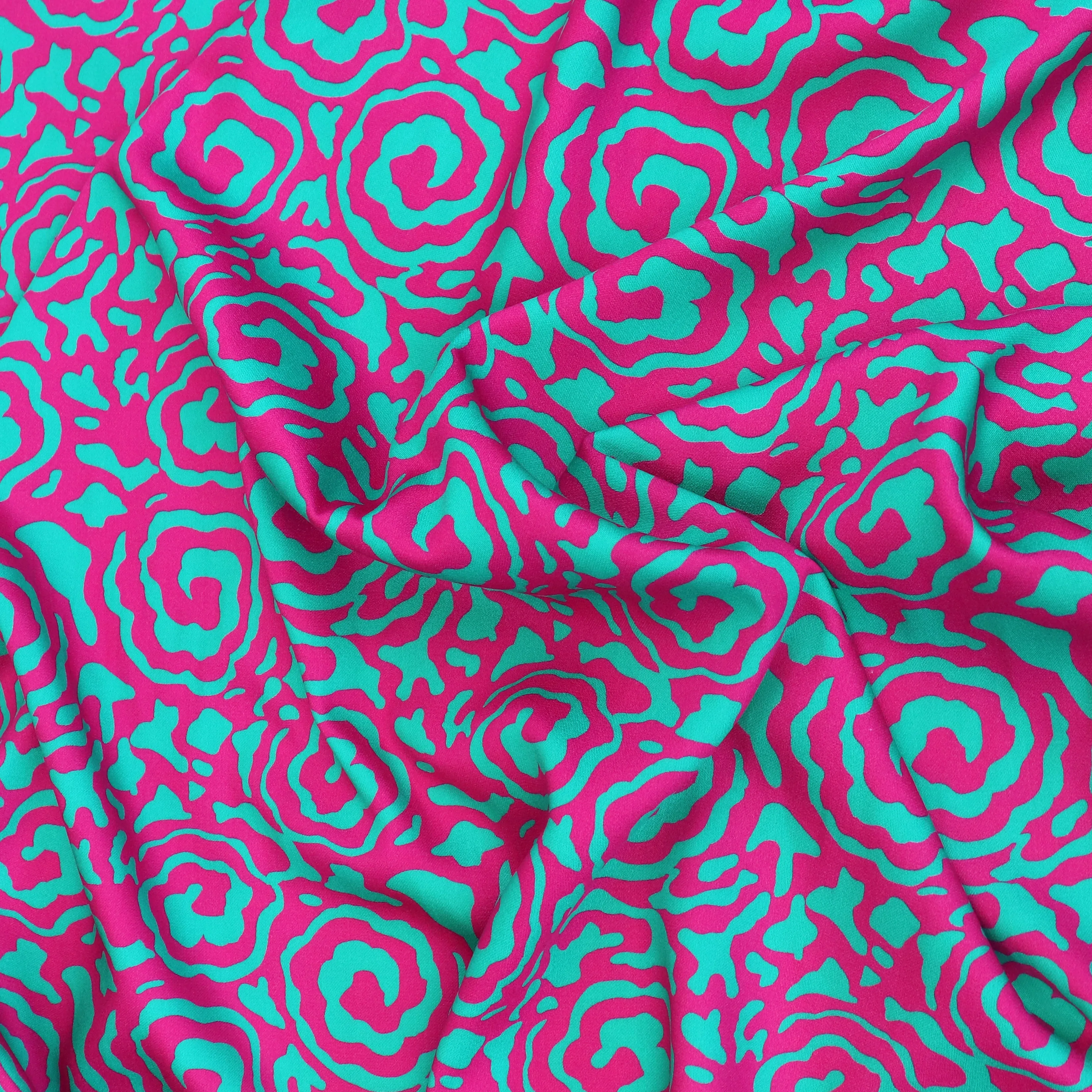 Viscose Satin - Flower Swirls - Turquoise   Pink - SECONDS