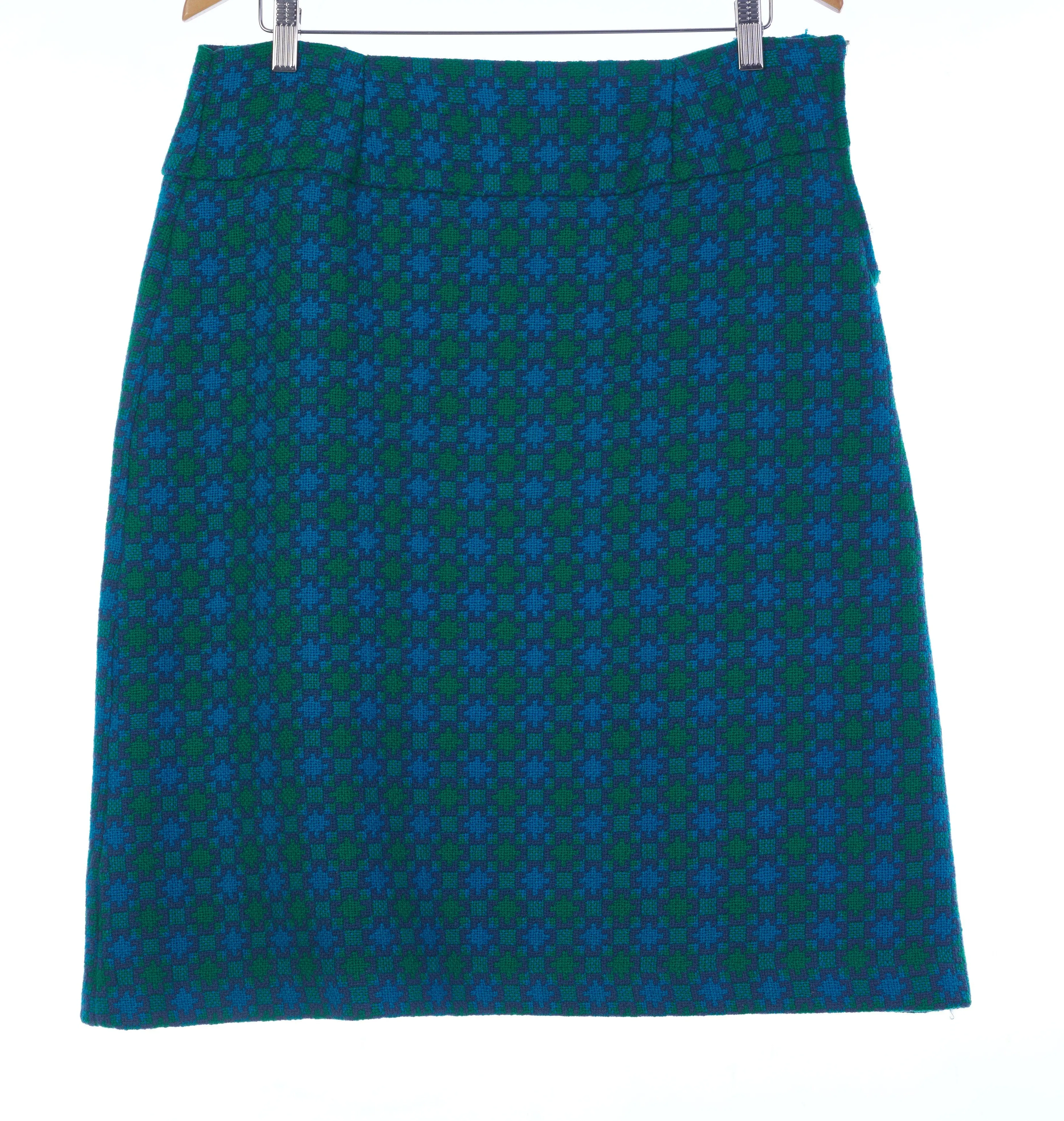 Welsh Wool Vintage Geometric Pattern Skirt Green and Blue UK Size 16