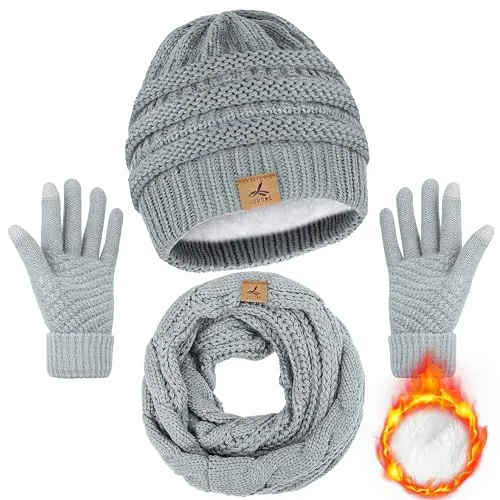 Winter Beanie Hat Scarf Gloves, Warm Fleece Knit Winter Hats Touch Screen Gloves Neck Scarf Set Winter Gifts for Women Men