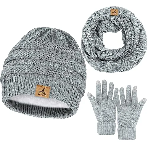 Winter Beanie Hat Scarf Gloves, Warm Fleece Knit Winter Hats Touch Screen Gloves Neck Scarf Set Winter Gifts for Women Men