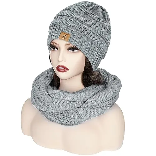 Winter Beanie Hat Scarf Gloves, Warm Fleece Knit Winter Hats Touch Screen Gloves Neck Scarf Set Winter Gifts for Women Men