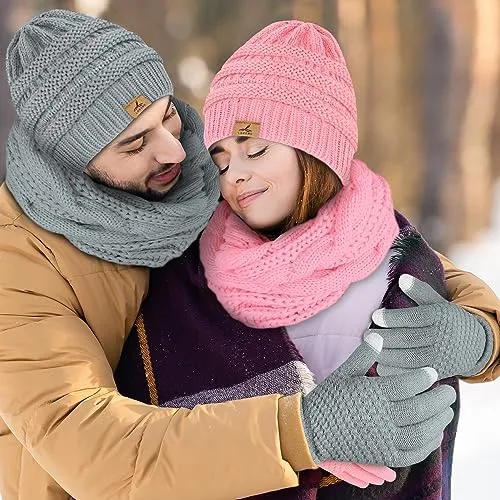 Winter Beanie Hat Scarf Gloves, Warm Fleece Knit Winter Hats Touch Screen Gloves Neck Scarf Set Winter Gifts for Women Men