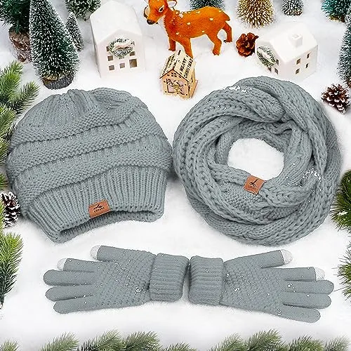 Winter Beanie Hat Scarf Gloves, Warm Fleece Knit Winter Hats Touch Screen Gloves Neck Scarf Set Winter Gifts for Women Men