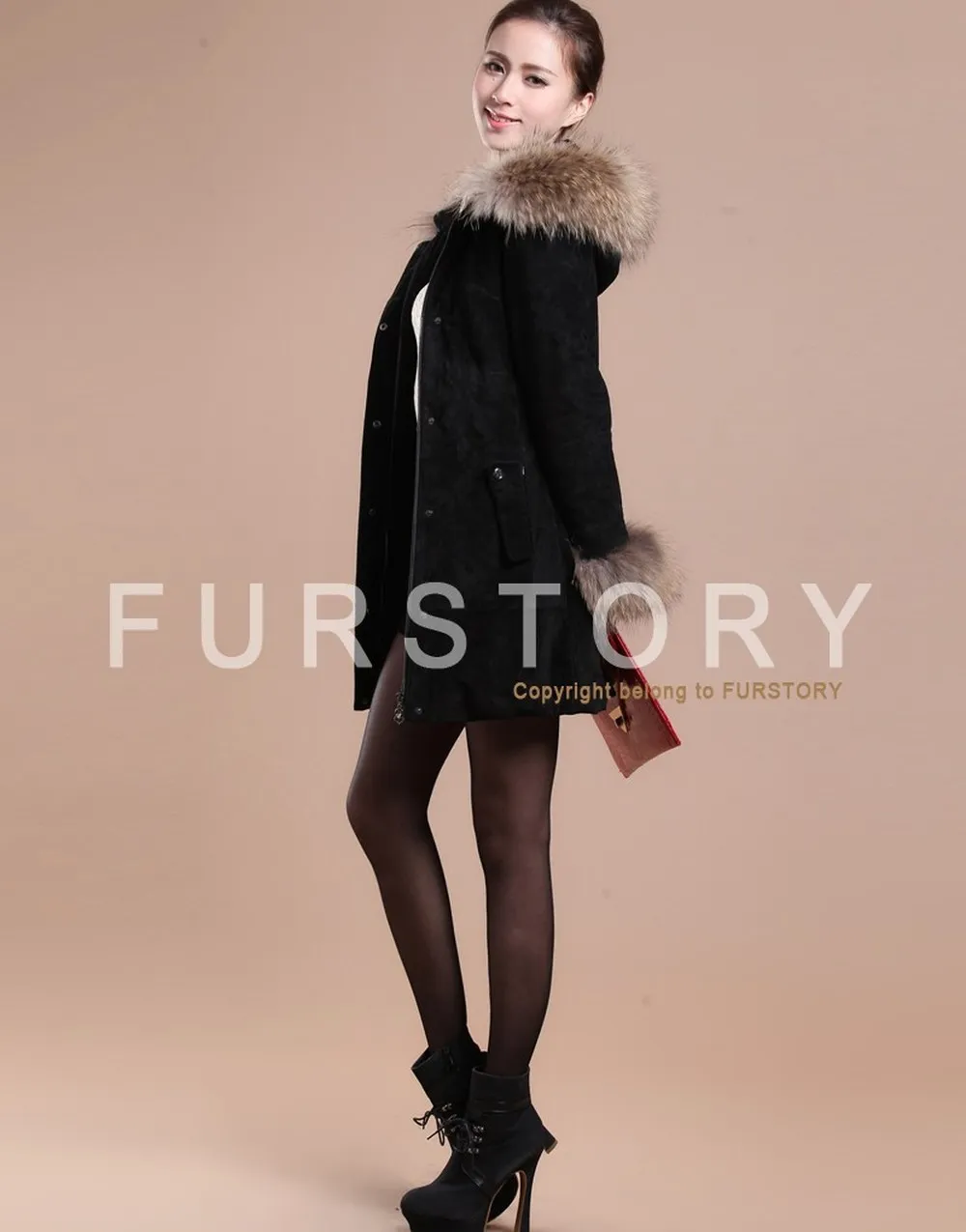 Winter Pig Leather Suede Windbreak with Natural Raccoon Fur Hood Slim Waist Women's Coats