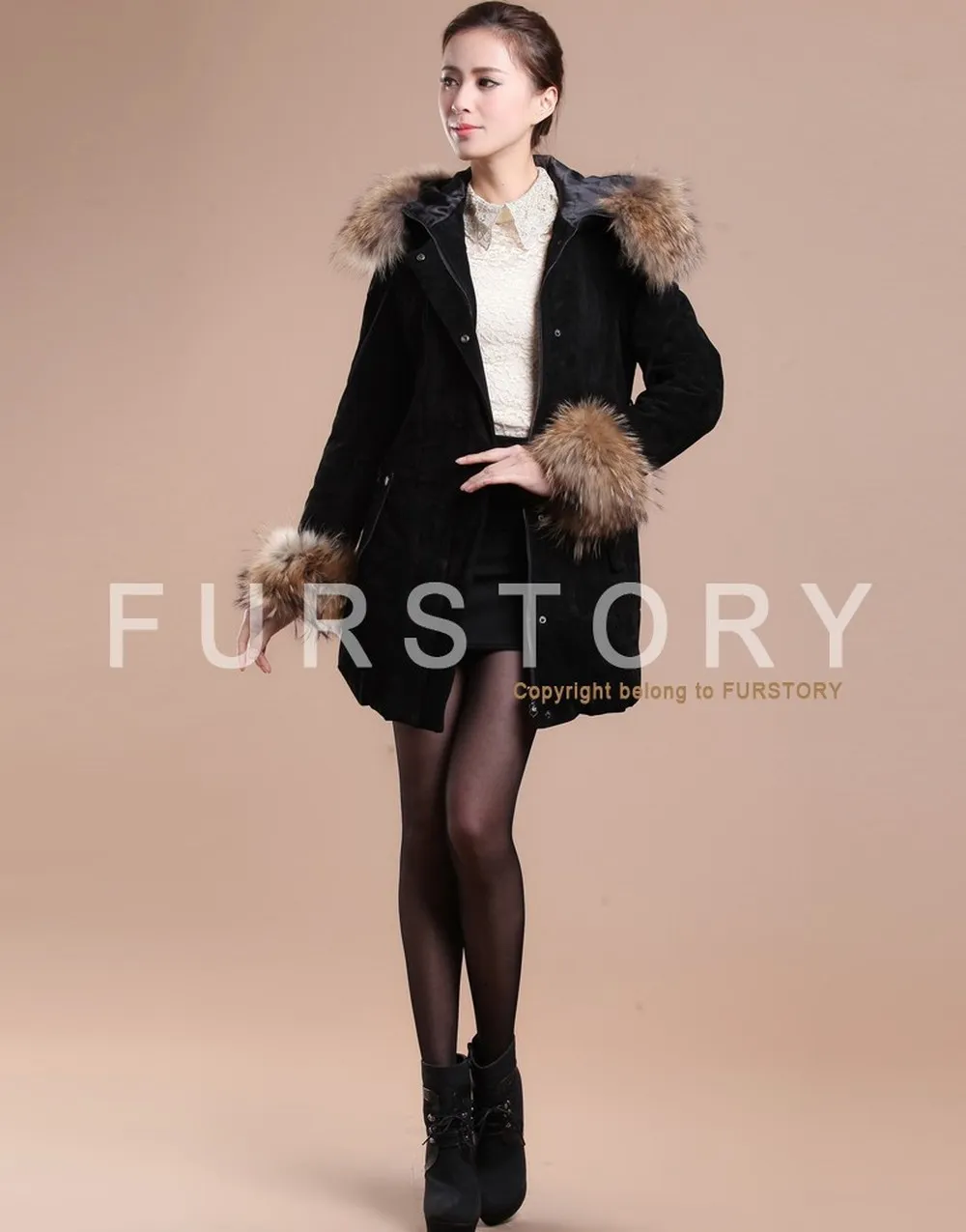 Winter Pig Leather Suede Windbreak with Natural Raccoon Fur Hood Slim Waist Women's Coats