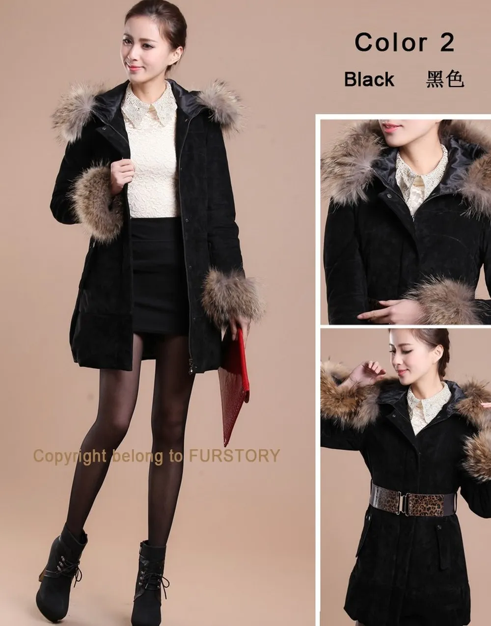 Winter Pig Leather Suede Windbreak with Natural Raccoon Fur Hood Slim Waist Women's Coats