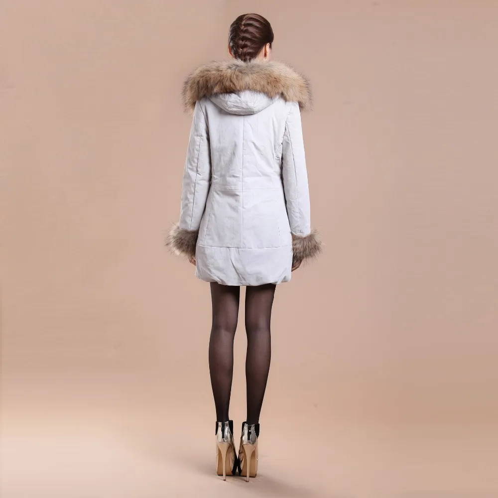 Winter Pig Leather Suede Windbreak with Natural Raccoon Fur Hood Slim Waist Women's Coats