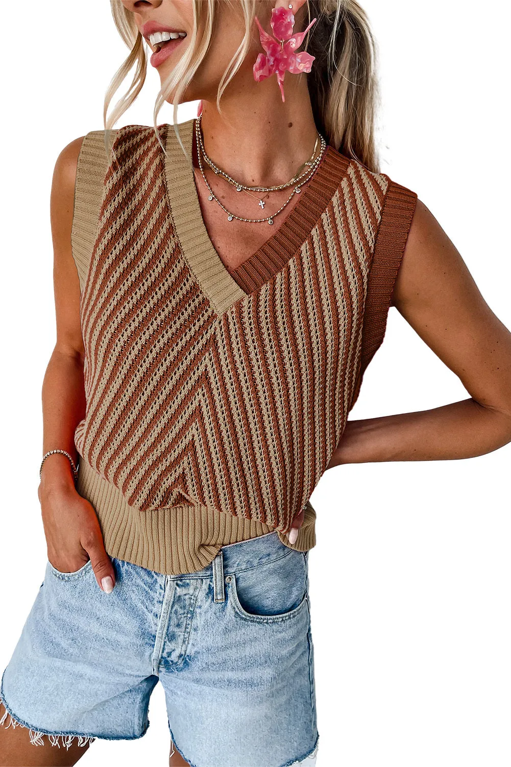 Women Contrast Chevron Knit V Neck Sweater Vest