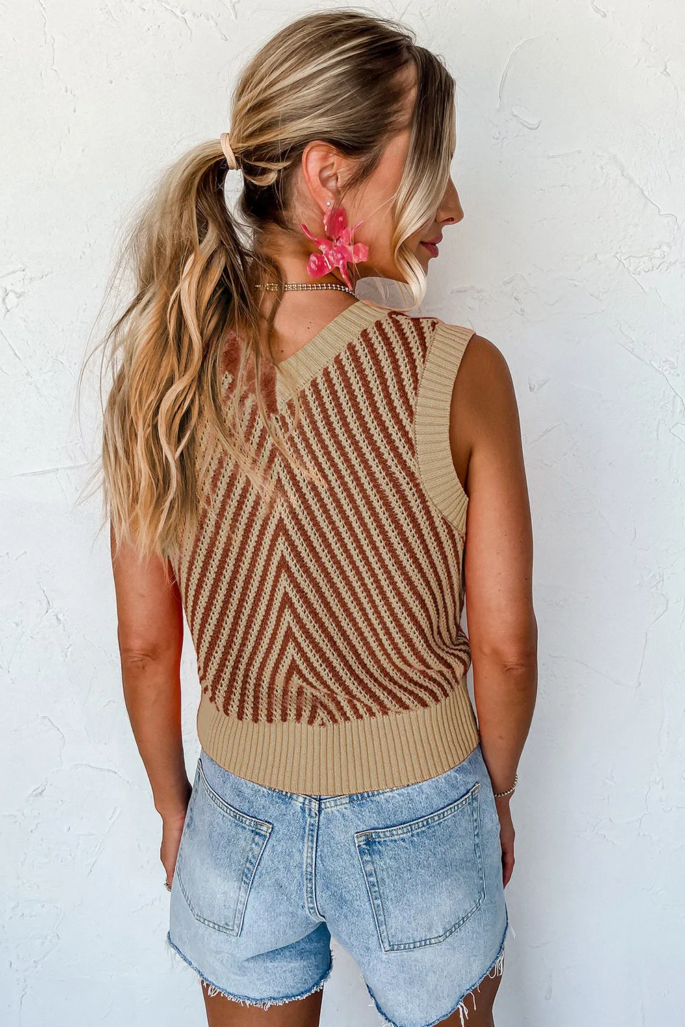 Women Contrast Chevron Knit V Neck Sweater Vest