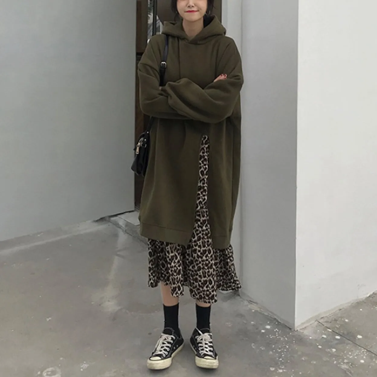 Womens Layered Look Hoodie with Leopard Print Dress