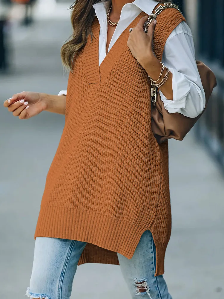 Women's V Neck Knitted Plaid Oversized Houndstooth Sweater Vest