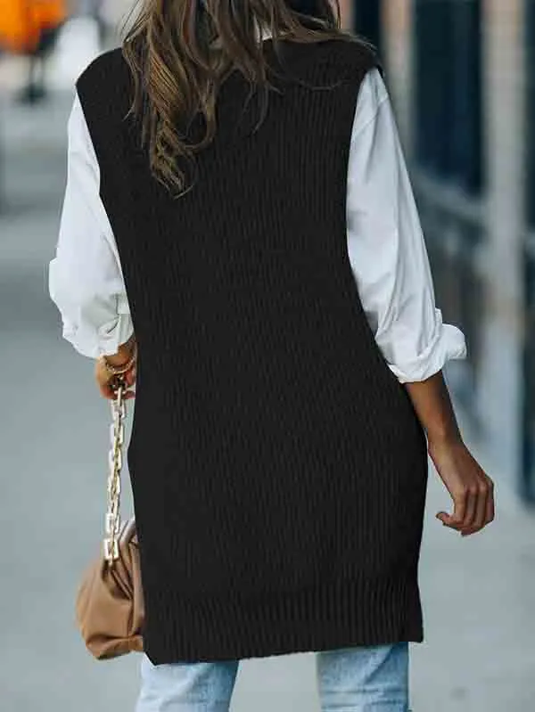 Women's V Neck Knitted Plaid Oversized Houndstooth Sweater Vest