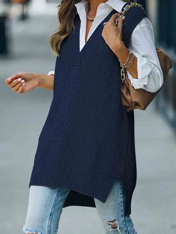 Women's V Neck Knitted Plaid Oversized Houndstooth Sweater Vest