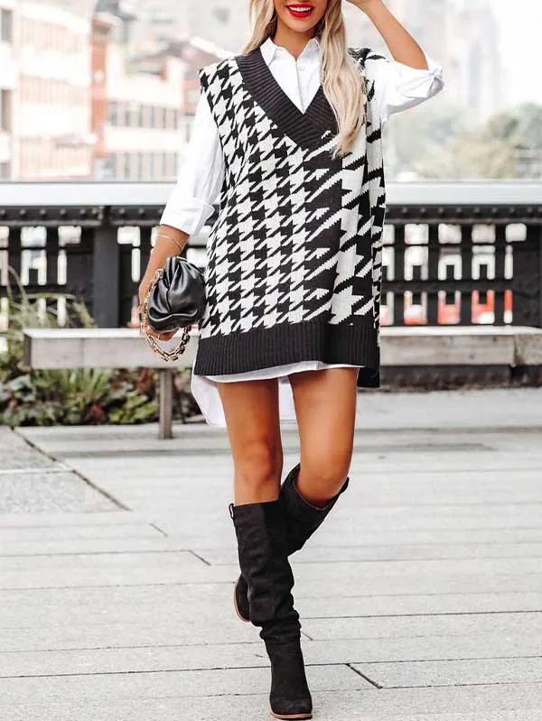 Women's V Neck Knitted Plaid Oversized Houndstooth Sweater Vest