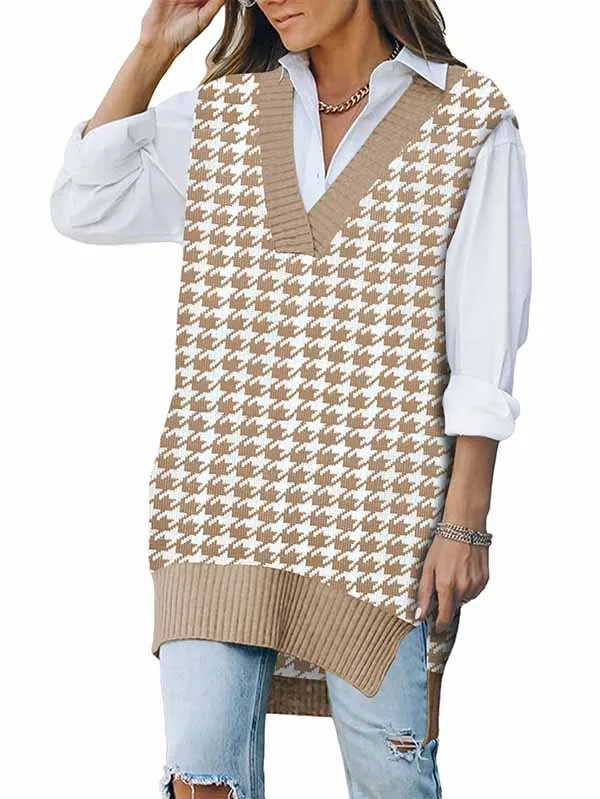 Women's V Neck Knitted Plaid Oversized Houndstooth Sweater Vest