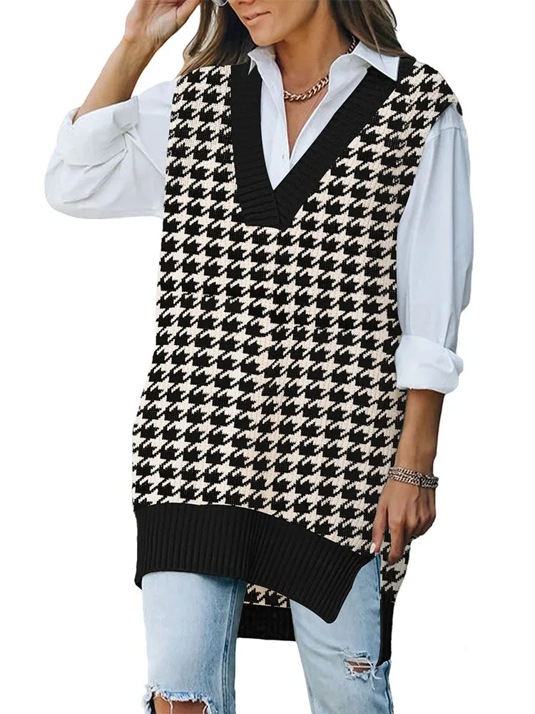 Women's V Neck Knitted Plaid Oversized Houndstooth Sweater Vest