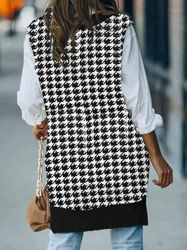 Women's V Neck Knitted Plaid Oversized Houndstooth Sweater Vest