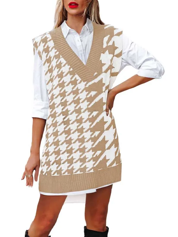 Women's V Neck Knitted Plaid Oversized Houndstooth Sweater Vest