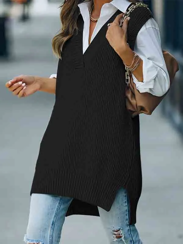 Women's V Neck Knitted Plaid Oversized Houndstooth Sweater Vest