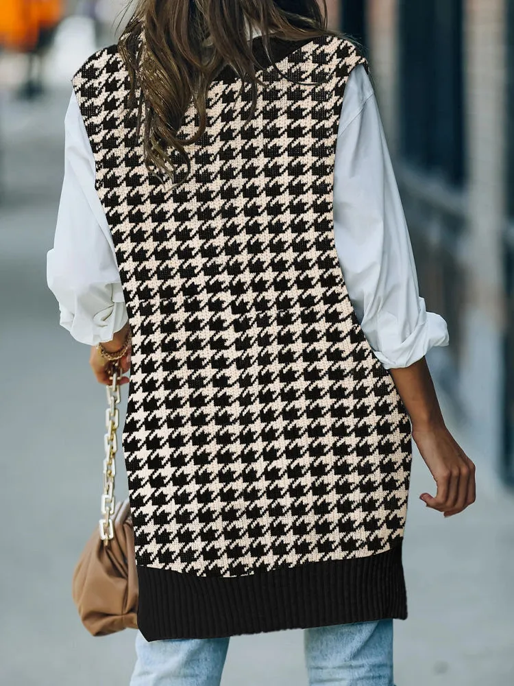 Women's V Neck Knitted Plaid Oversized Houndstooth Sweater Vest