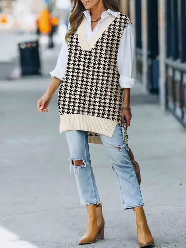 Women's V Neck Knitted Plaid Oversized Houndstooth Sweater Vest