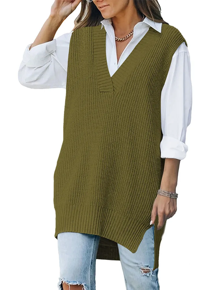 Women's V Neck Knitted Plaid Oversized Houndstooth Sweater Vest