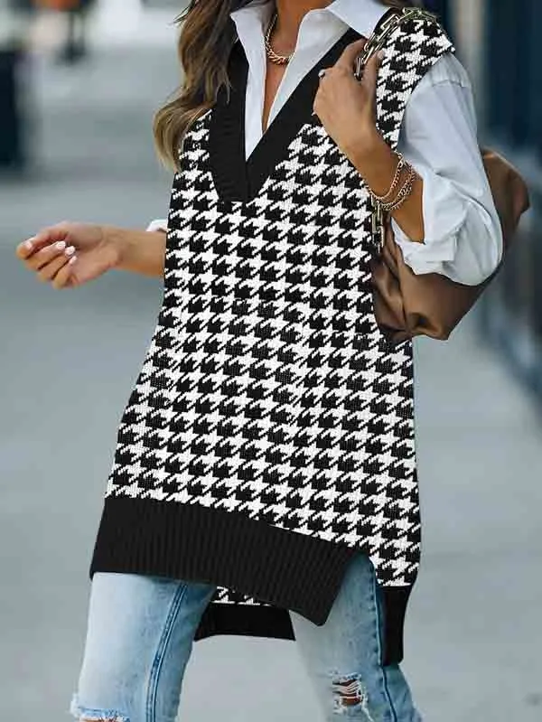 Women's V Neck Knitted Plaid Oversized Houndstooth Sweater Vest