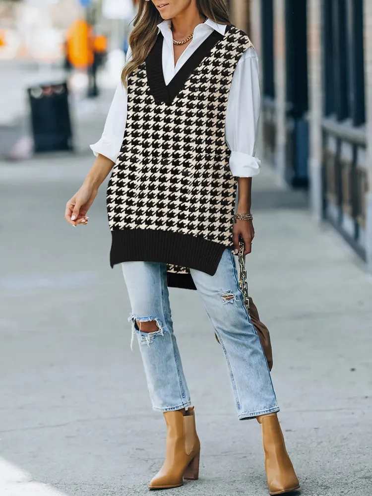 Women's V Neck Knitted Plaid Oversized Houndstooth Sweater Vest