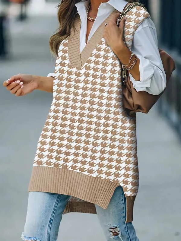 Women's V Neck Knitted Plaid Oversized Houndstooth Sweater Vest