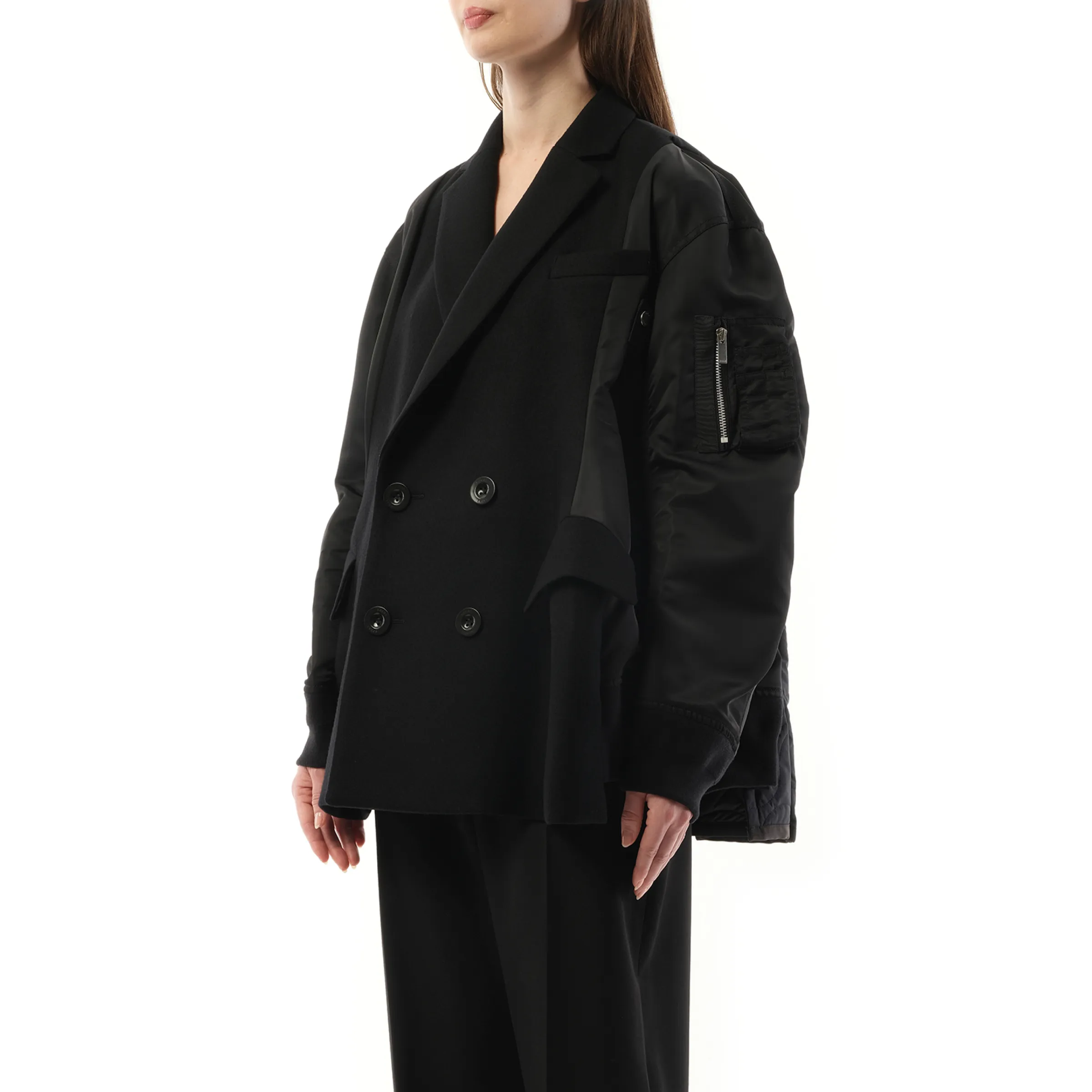 Wool Melton x Nylon Twill Quilted Coat in Black