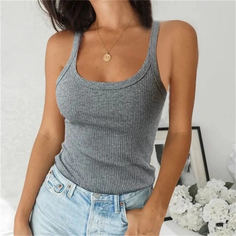 Yeknu Women Sleeveless Spaghetti Vest Quality Knitted Camis U-neck Tank Tops Casual Solid Color Basic Camisole For Female Plus Size