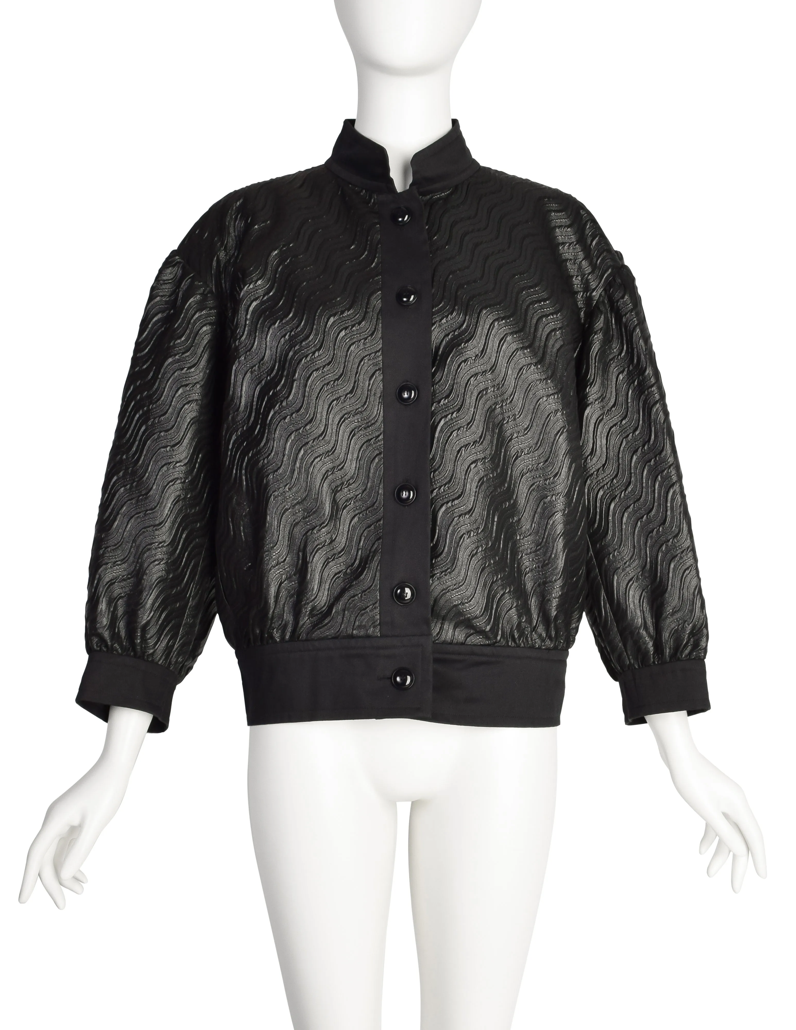 Yves Saint Laurent Vintage SS 1984 Black Brocade Metallic Puff Sleeve Jacket