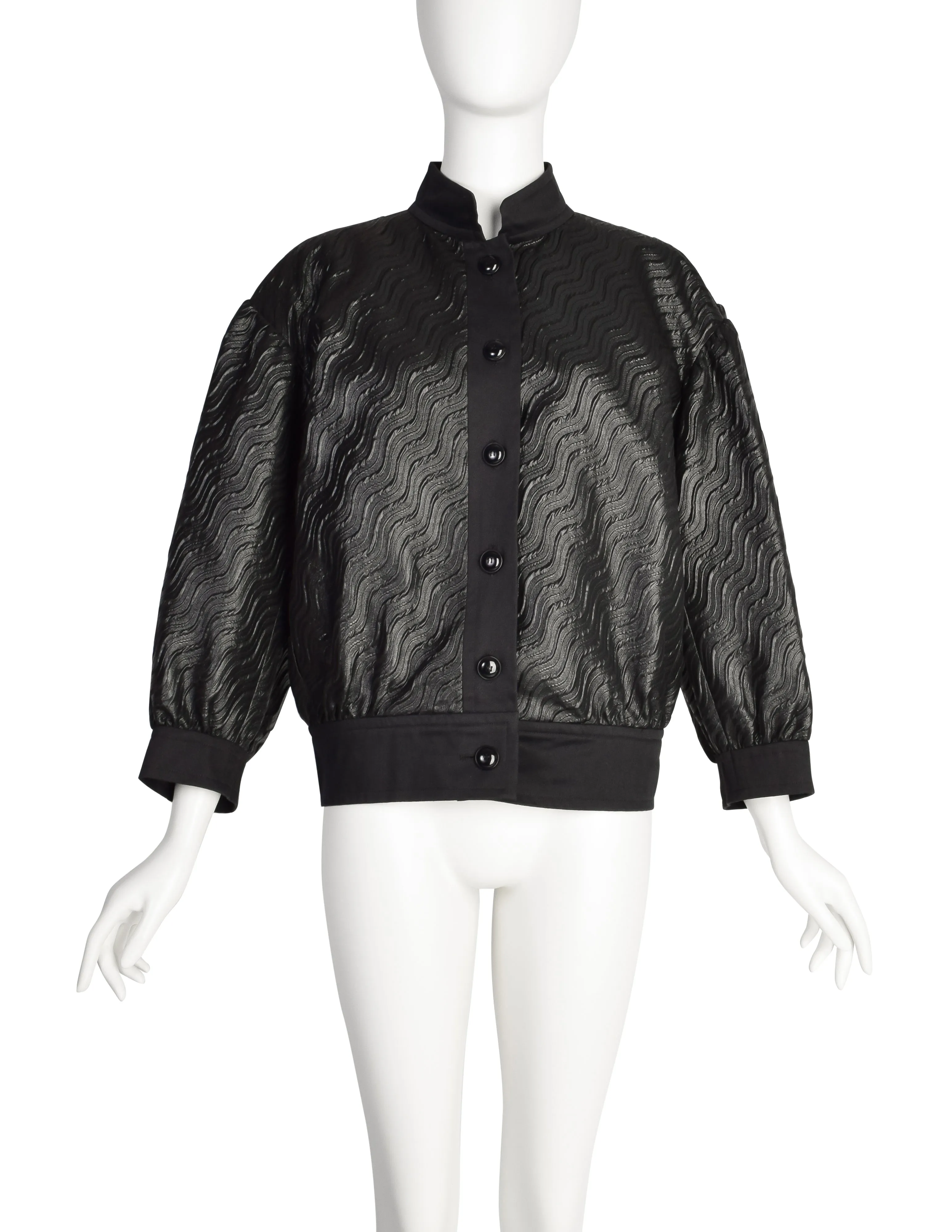 Yves Saint Laurent Vintage SS 1984 Black Brocade Metallic Puff Sleeve Jacket