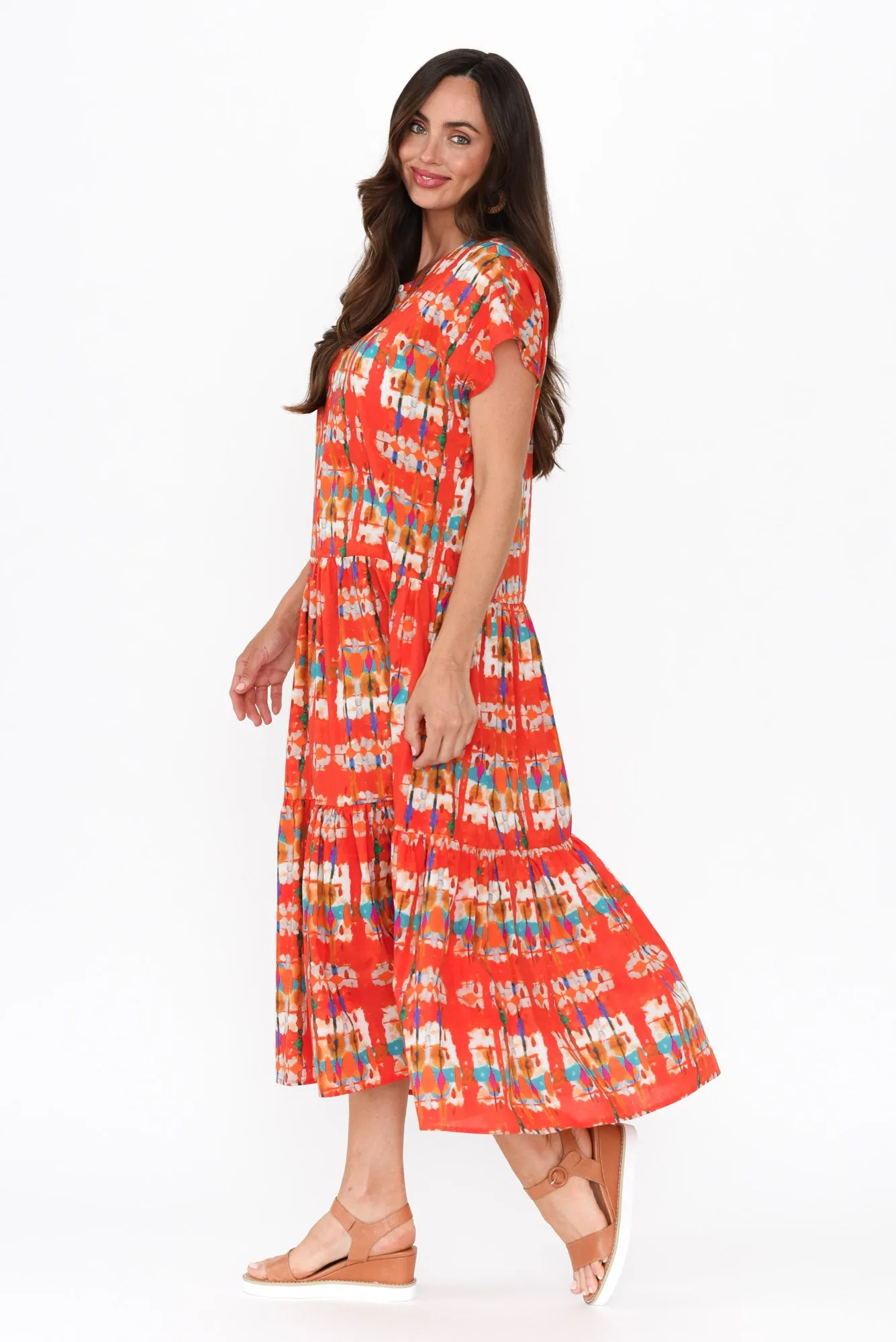 Zaphyra Orange Abstract Crinkle Cotton Dress